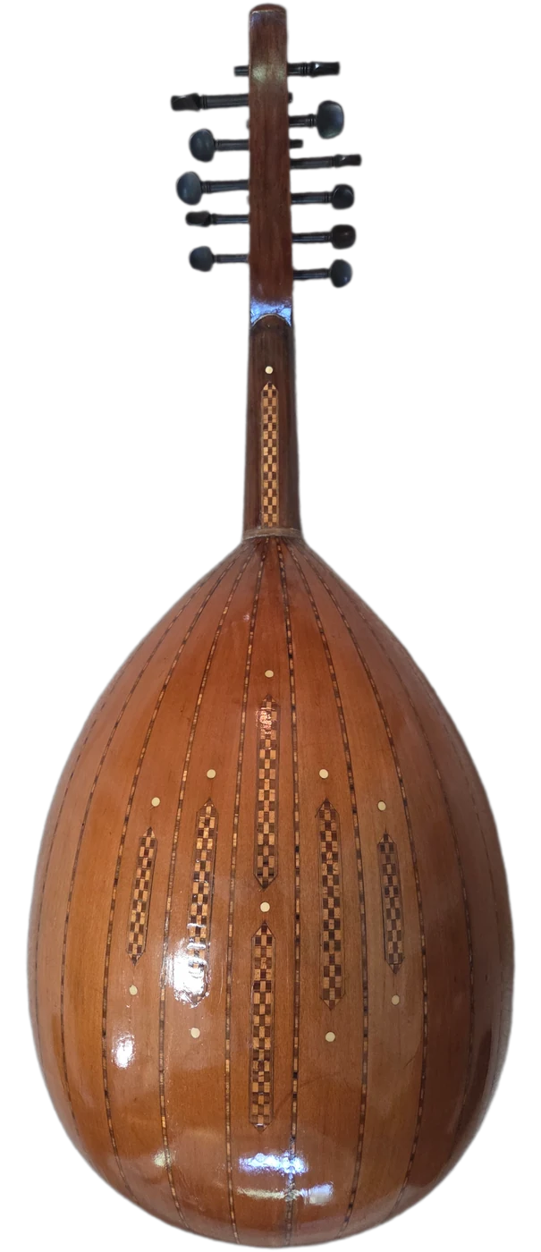 La Primera &middot; back view &middot; multi-stave apricot wood bowl with marquetry